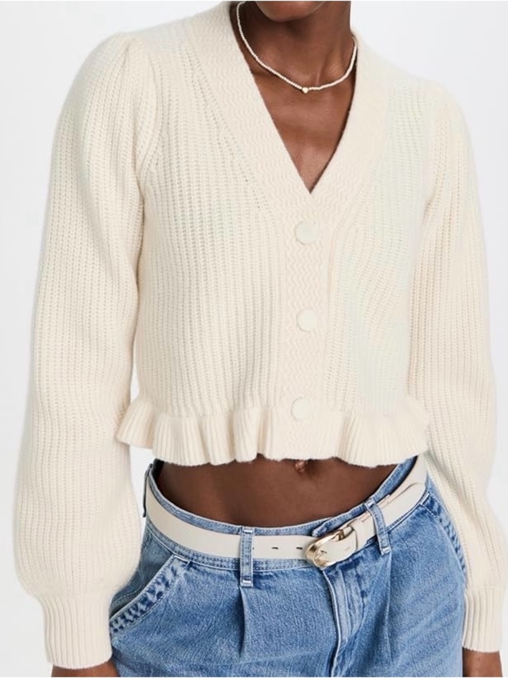 LoveShackFancy Cream Ruffled-Hem V-Neck Cardigan- Wool/cashmere